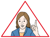 Frau mit erhobenen Zeigefinger in einem Achtung-Schild.