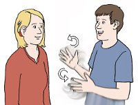 Ein Mann spricht zu einer Frau mit Hörgerät in Gebärdensprache.