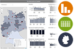 Schmuckgrafik - Eckwerte Arbeitsmarkt (enthält Diagramme, Tabellen und Karten)